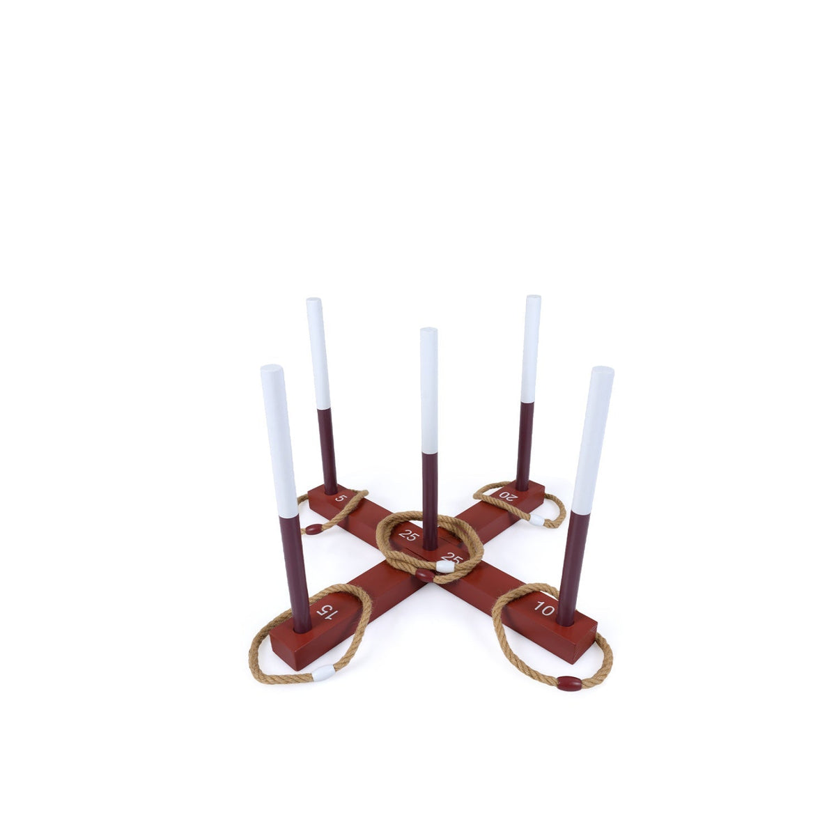 Ring toss game set up with rings on the pegs