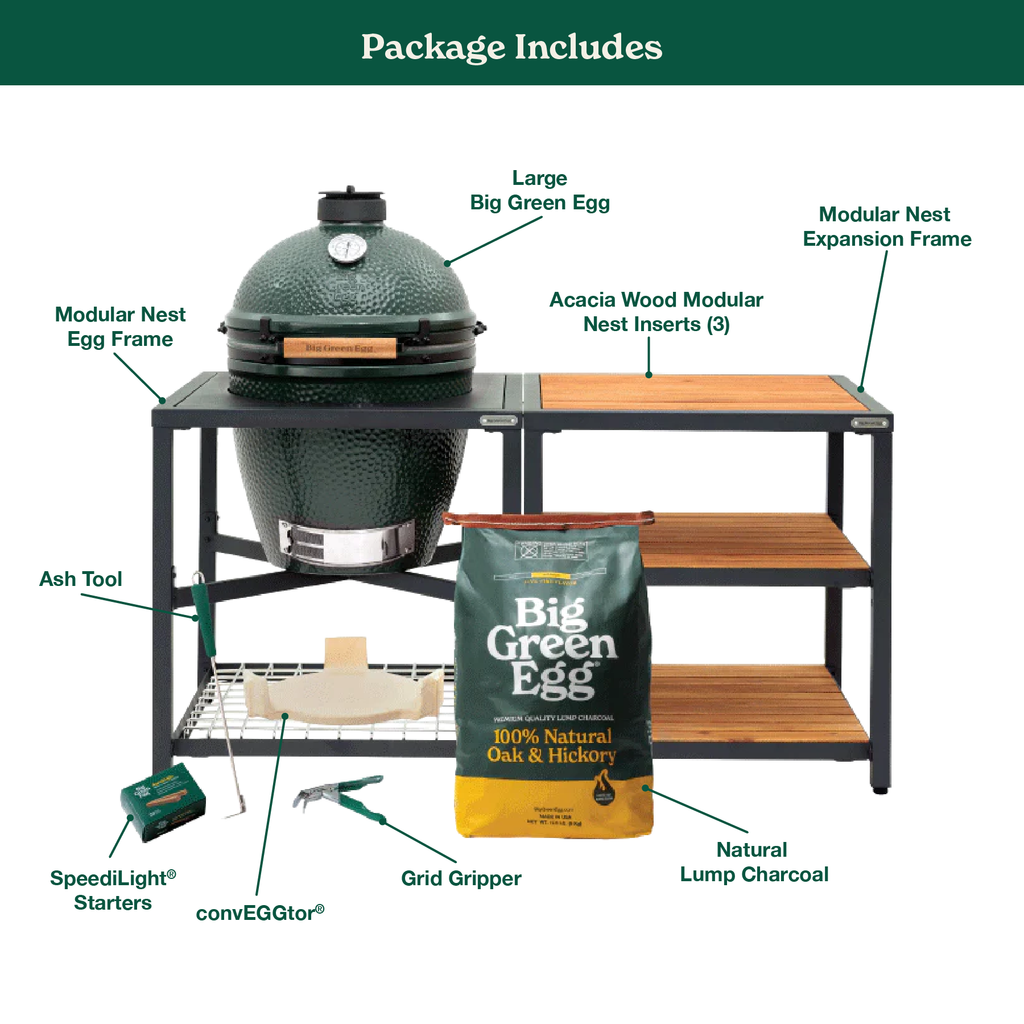 Large Big Green Egg in Modular Nest with Expansion and 3 Acacia Inserts Package