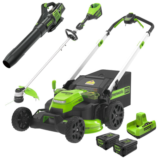 60V 25″ SP Mower 3PC Combo Kit, 16″ String Trimmer and 610CFM Blower