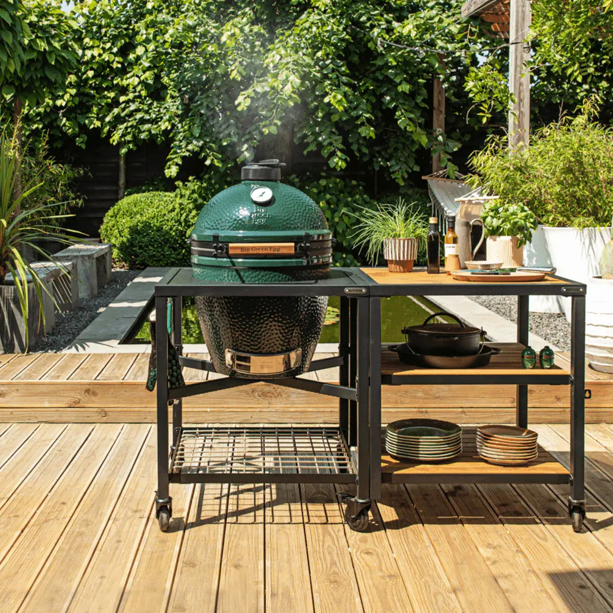 Large Big Green Egg in Modular Nest with Expansion and 3 Acacia Inserts Package