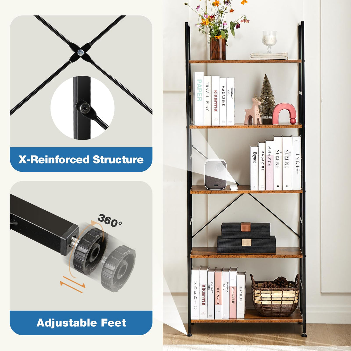 5-Tier Bookshelf – Tall Display Shelf for Living Room or Office