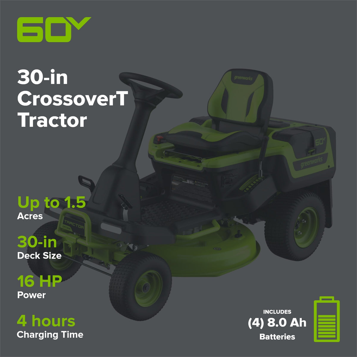60V 30″ CrossoverT Riding Lawn Tractor with (4) 8.0 Ah Batteries and 600-Watt Charger