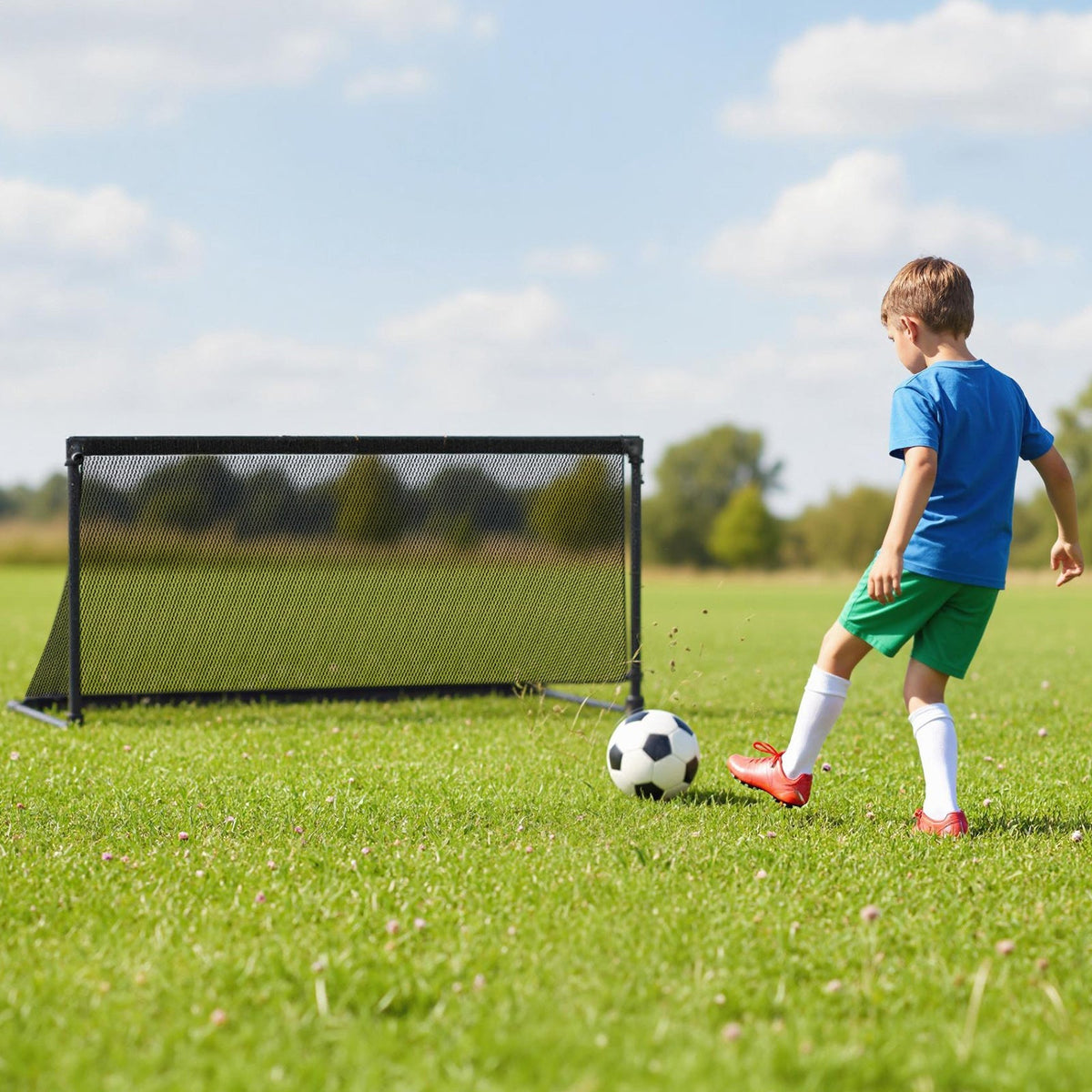 Child playing with the pop-up soccer goal on grass