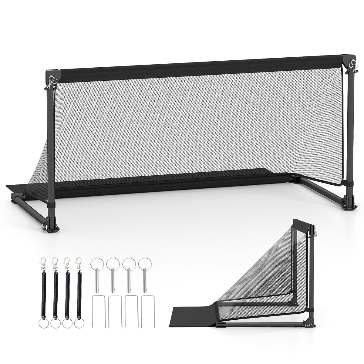 Kids pop-up soccer goal with ground stakes, shown set up and folded