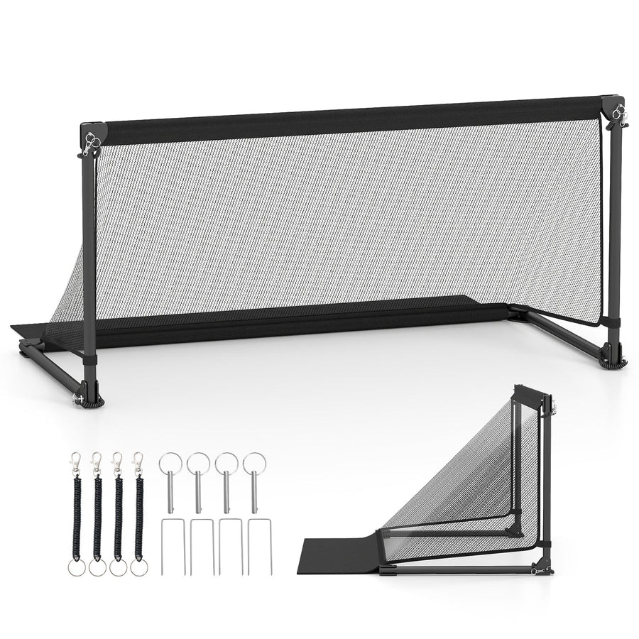 Kids pop-up soccer goal with ground stakes, shown set up and folded