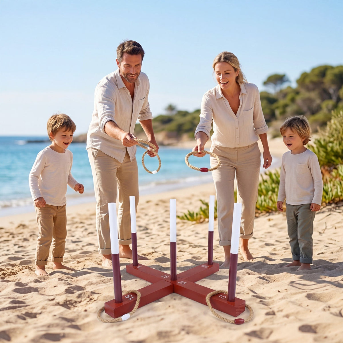 Family playing the wooden ring toss game outdoors