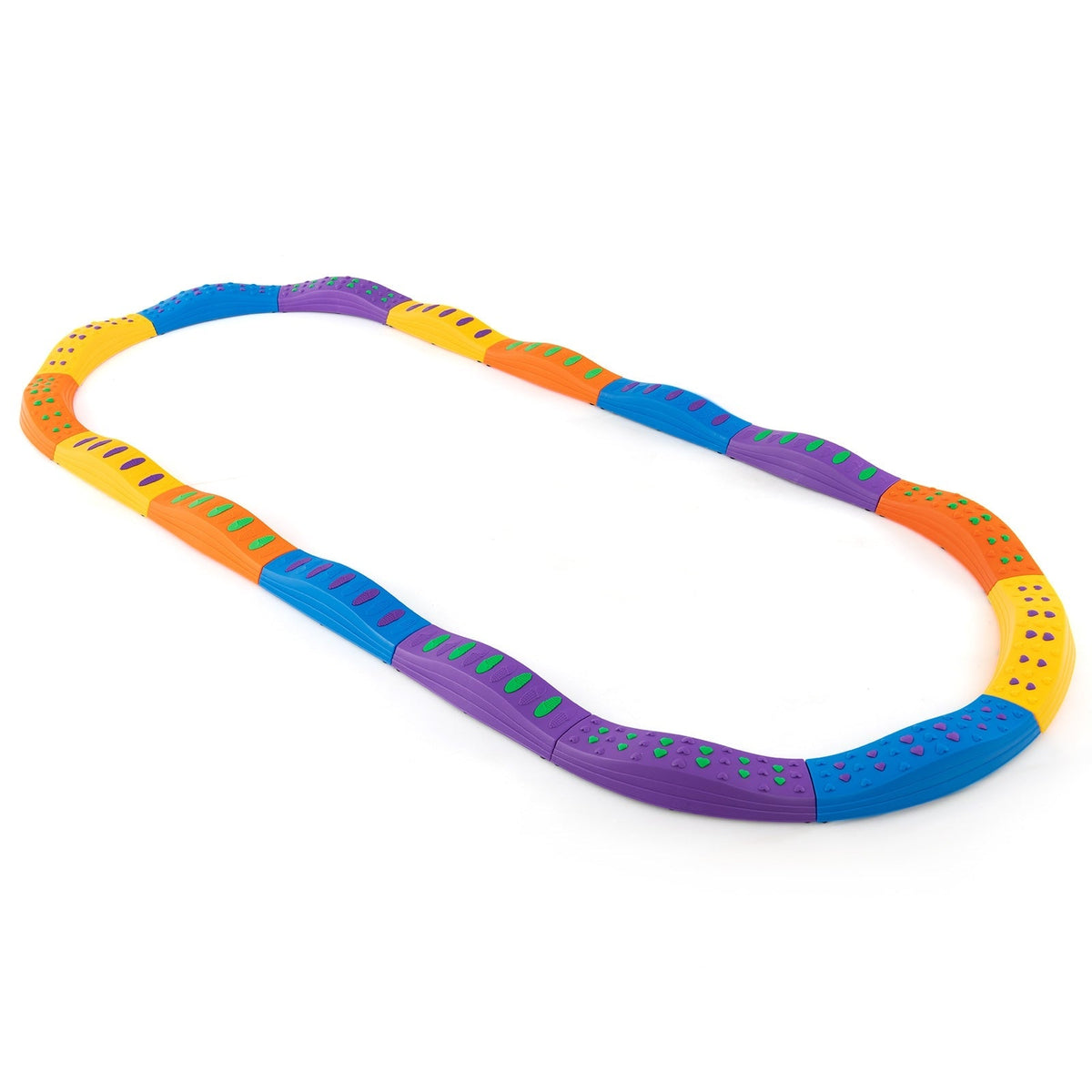 Wavy balance beam for kids arranged in an oval track